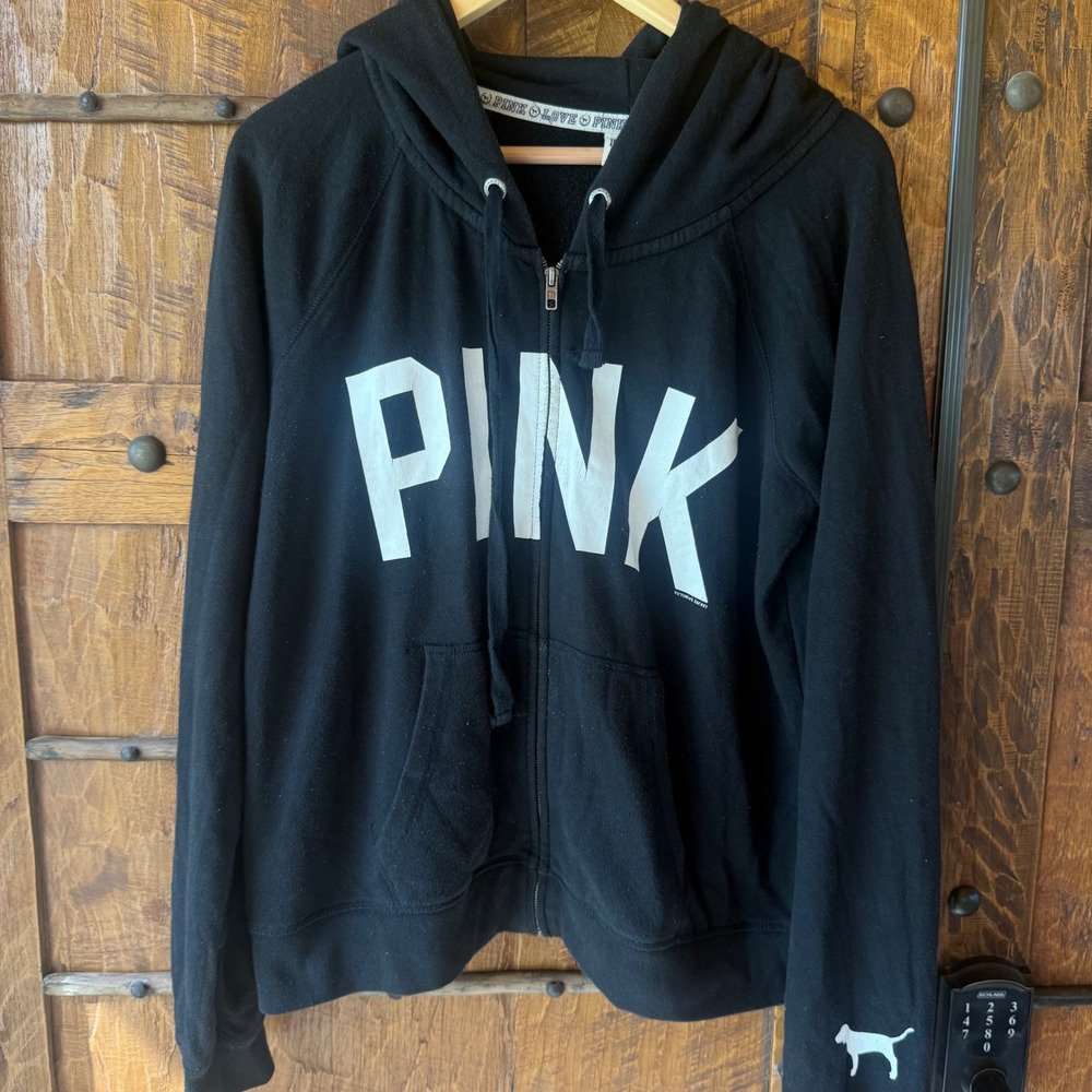 Victoria's Secret Y2K PINK Zip Up Hoodie Womens Large Black Cotton Blend Logo